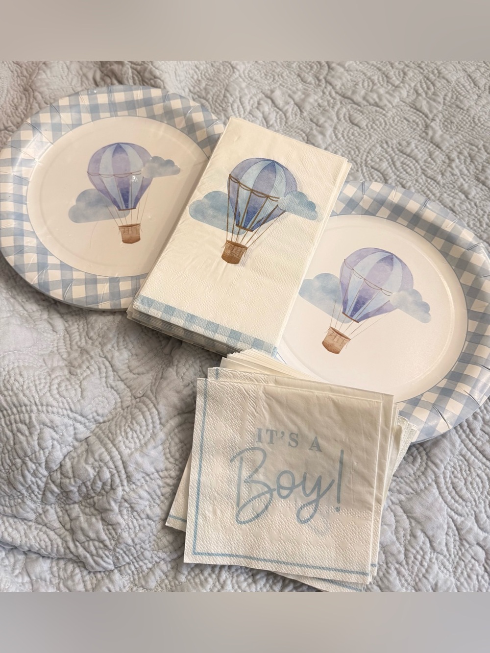 Blue gingham hot air balloon plates and napkins and it’s a boy napkins